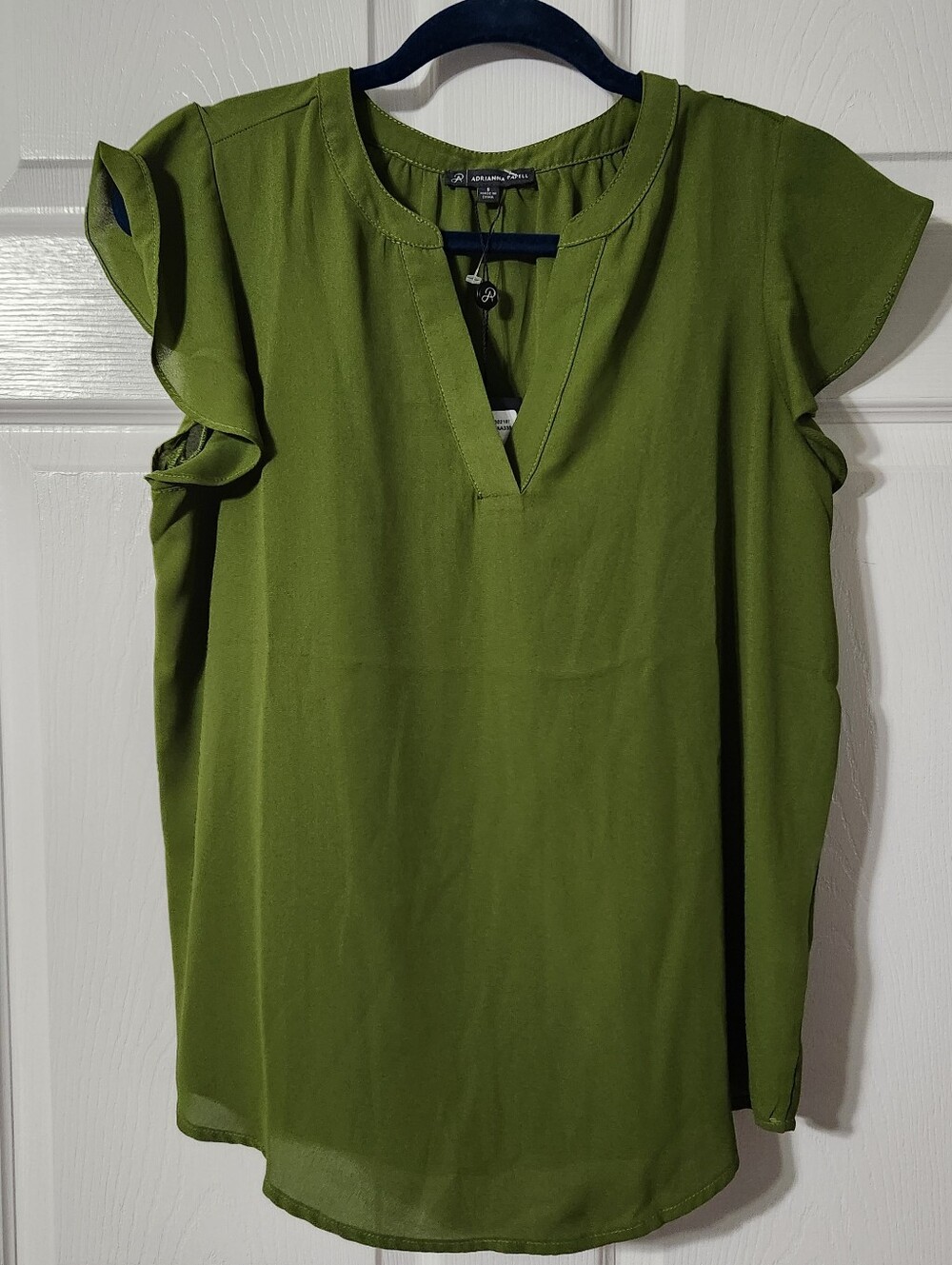 Adrianna Papell Olive Green Split V-Neck Ruffle Sleeve Blouse, Size S, NWT